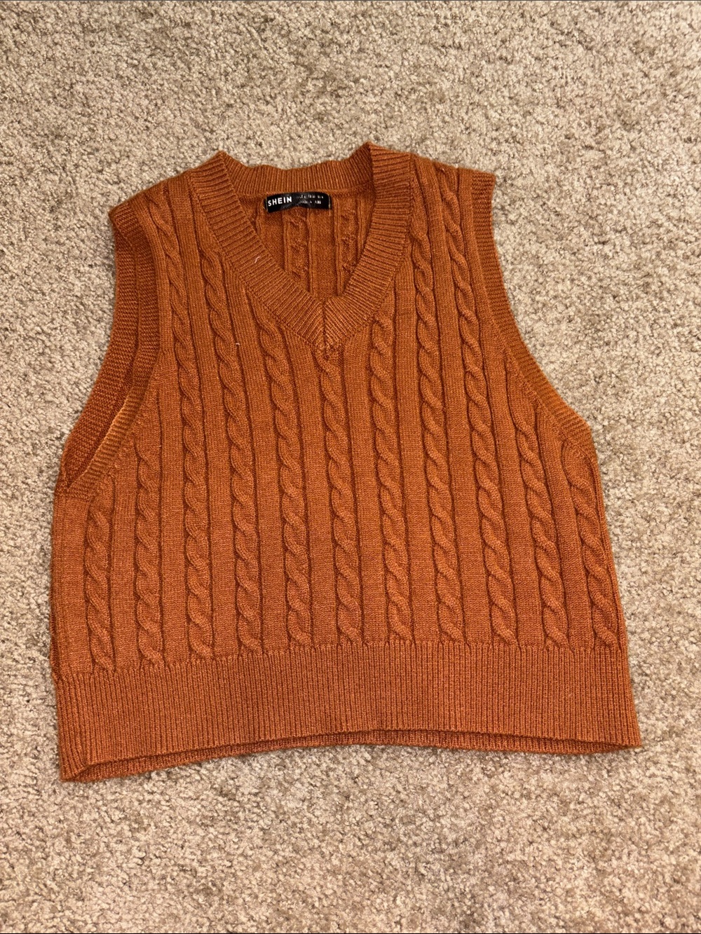 SHEIN Burnt Orange Cable Knit V-Neck Sweater Vest